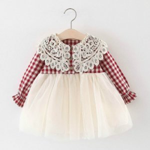 Toddler Girl Sweet Plaid Lace Doll Collar Long-sleeve Tulle Princess Dress