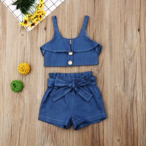 Toddler Trendy Denim Bowknot Strappy Top and Shorts Set