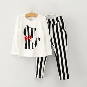 Trendy Cat Embroidered Long-sleeve Tee and Striped Pants Set for Toddler Girl and Girl