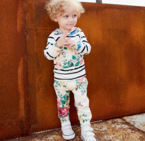 Trendy Striped Floral Long-sleeve Hoodie and Pants Set in White for Baby