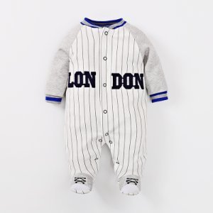 Trendy Striped LONDON Applique Long-sleeve Footed Jumpsuit for Baby Boy