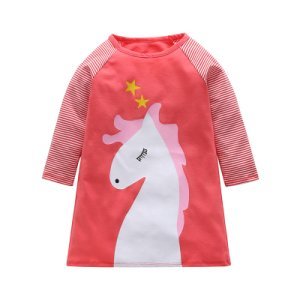 Unique Striped Unicorn Print Long-sleeve Dress for Toddler Girl and Girl