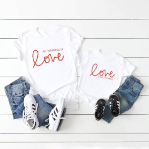 Valentine's Day Love Print White Cotton T-shirts for Mom and Me