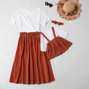 White Tee and Pleated Tie Belt Skirt Matching Sets