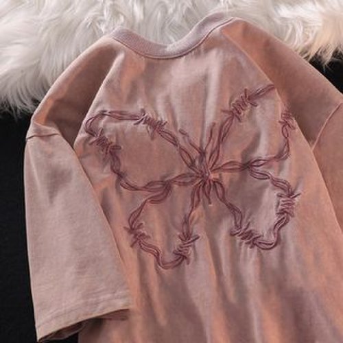 Elbow-Sleeve Butterfly Embroidered T-Shirt