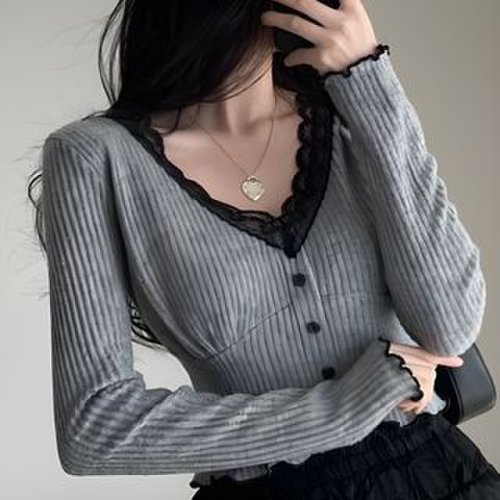 Long-Sleeve V-Neck Plain Lace Trim Ribbed T-Shirt