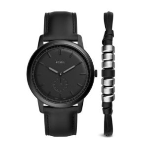 Fossil Men The Minimalist Two-Hand Sub-Second Black Leather Watch And Bracelet Box Set - One size