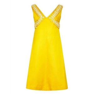 1960s Yellow Silk Dress With 3D Beading Size 10, Yellow