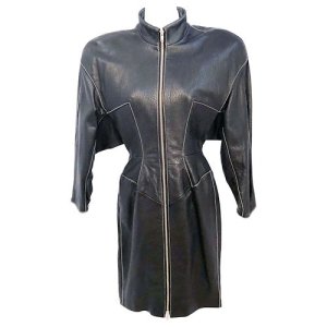 1980s North Beach Black Embossed Lamb Leather Dress, Black