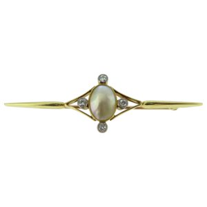 Antique 15 Carat Gold Pearl and Diamond Brooch, Gold