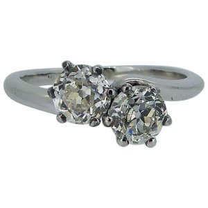 Art Deco Old Cut Diamond Ring, 1.58 Carat, Two-Stone Twist, Platinum, White
