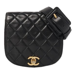 Chanel Around 1990 Made Full Flap Turn-Lock Waist Bag Black, Black