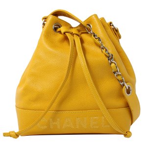 Chanel Caviar Skin Logo Embroidered Drawstring Shoulder Bag with Pouch Mustard Yellow/Silver, Yellow