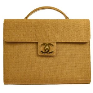 Chanel Cc Business Briefcase Hand Bag Brown Linen, Brown