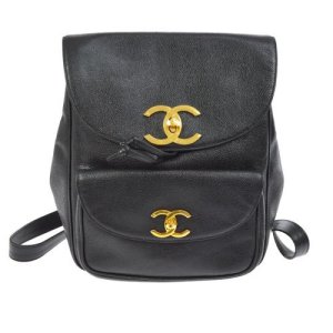 Chanel Cc Logos Chain Backpack Bag Black Caviar Skin, Black