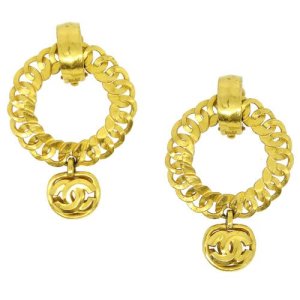 Chanel Cc Logos Hoop Motif Earrings Clip-On Gold 96A, Gold