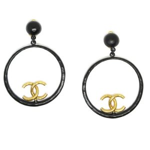 Chanel Cc Logos Huge Hoop Shaking Earrings Black 93P, Black