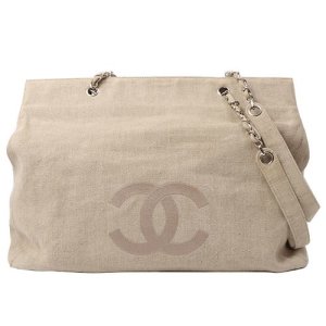 Chanel Linen Cc Mark Embroidered Tote Bag Natural, Red