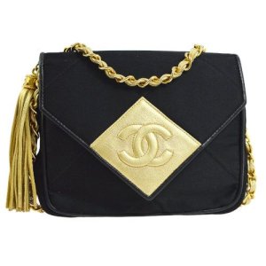 Chanel Quilted Fringe Chain Shoulder Bag Bi-Color Black Gold, Black