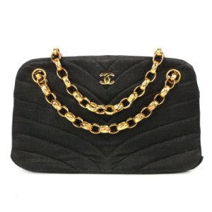 Chanel Rare Mini Chevron Thick Gold Chain Cc Shoulder Bag Black Fabric Vintage, Black
