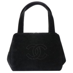 Chanel Velour Cc Mark Stitch Metal Clasp Handbag Black, Black