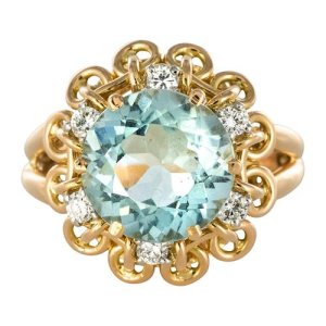 French 1960s 3.35 Carat Aquamarine Diamond 18 Karat Rose Gold Ring, Blue