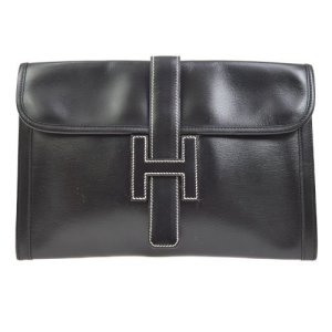 Hermes Jige Pm H Logos Clutch Bag Black Box Calf, Black