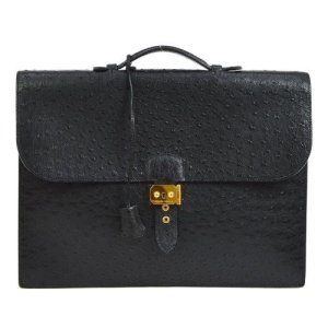 Hermes Sac A Depeches 41 Briefcase Hand Bag Black Ostrich, Black