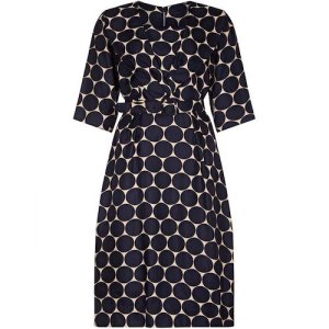 Leslie Fay 1950s Silk Navy and Cream Circle Print Dress With Belt UK Size 10-12, Blue