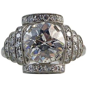 Modern Art Deco Style Diamond Ring 1.97 Carat Old European Cut Diamond, Platinum, Red