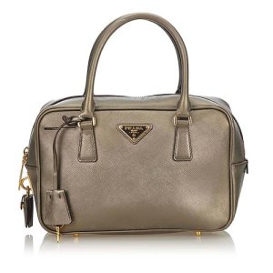 Prada Saffiano Leather Bauletto Handbag, Silver