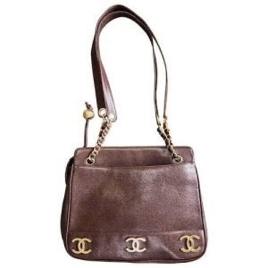 Vintage CHANEL brown caviar leather chain shoulder bag with 3 golden CC marks on both sides. Classic purse., Brown
