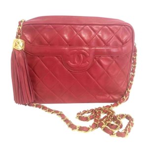 Vintage Chanel red lambskin camera bag style chain shoulder bag with fringe and CC stitch mark. Classic daily purse., Red