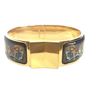 Vintage Hermes cloisonne enamel golden click and clack Flacon bangle with multicolor ethnic and horse design. Great gift idea., Blue
