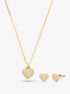 MK 14K Gold-Plated Sterling Silver Pavé Heart Necklace and Stud Earrings Set - Gold - Michael Kors