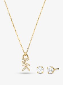 MK 14K Rose Gold-Plated Sterling Silver Pavé Logo Necklace and Stud Earrings Set - Gold - Michael Kors