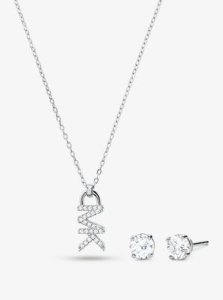 MK 14K Rose Gold-Plated Sterling Silver Pavé Logo Necklace and Stud Earrings Set - Silver - Michael Kors