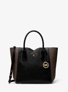 MK Mae Medium Pebbled Leather and Logo Messenger Bag - Brown/blk - Michael Kors