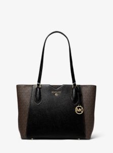 MK Mae Medium Pebbled Leather and Logo Tote Bag - Brown/blk - Michael Kors