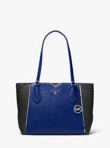 MK Mae Medium Pebbled Leather and Logo Tote Bag - Sapphire - Michael Kors