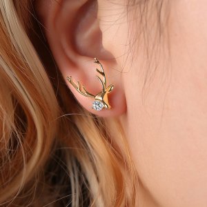 1pair Christmas New Year Rhinestone Engraved Antlers Shaped Stud Earrings