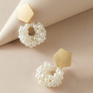 1pair Metallic Geometric Decor Faux Pearl Beaded Drop Earrings