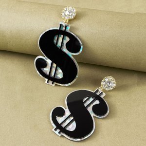 1pair Rhinestone Engraved Dollar Design Drop Earrings