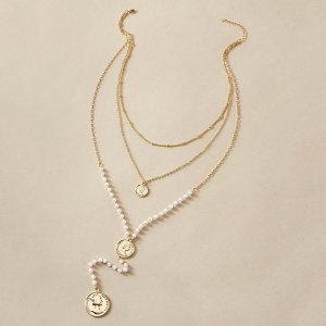 1pc Coin Charm Faux Pearl Decor Layered Lariat Necklace