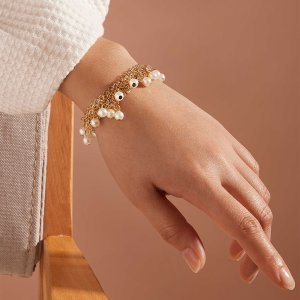 Shein - 1pc faux pearl charm layered chain bracelet