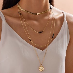 Shein - 1pc leaf & coin charm layered necklace