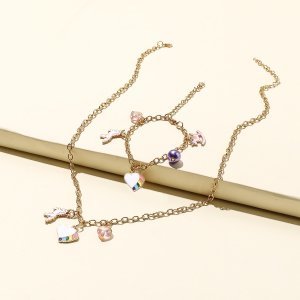 2pcs Girls Heart & Unicorn Charm Necklace & Bracelet