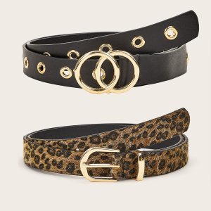 Shein - 2pcs leopard pattern eyelet belt set