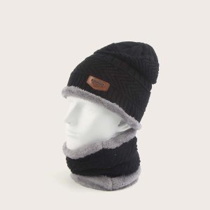 2pcs Men Letter Patched Scarf Knit Beanie & Ring Scarf