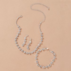 4pcs Rhinestone Engraved Drop Earrings & Necklace & Bracelet